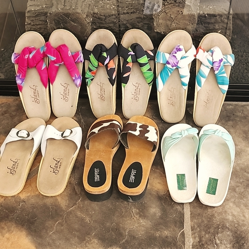 7 pairs slides...Island, Grandco, Sprit slides, size 7. Royal blue Grandco added
